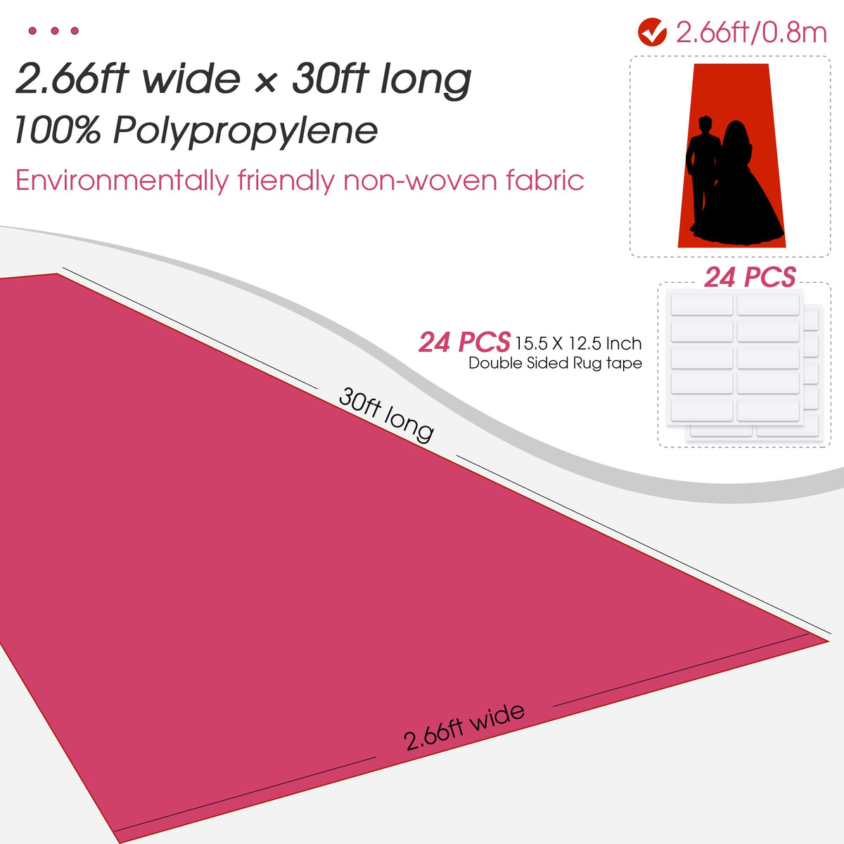 Pink Carpet Runner for Party, 2.6FTx15FT Carpet Party Decorations, Runway Rug for Prom Felt Non-Woven