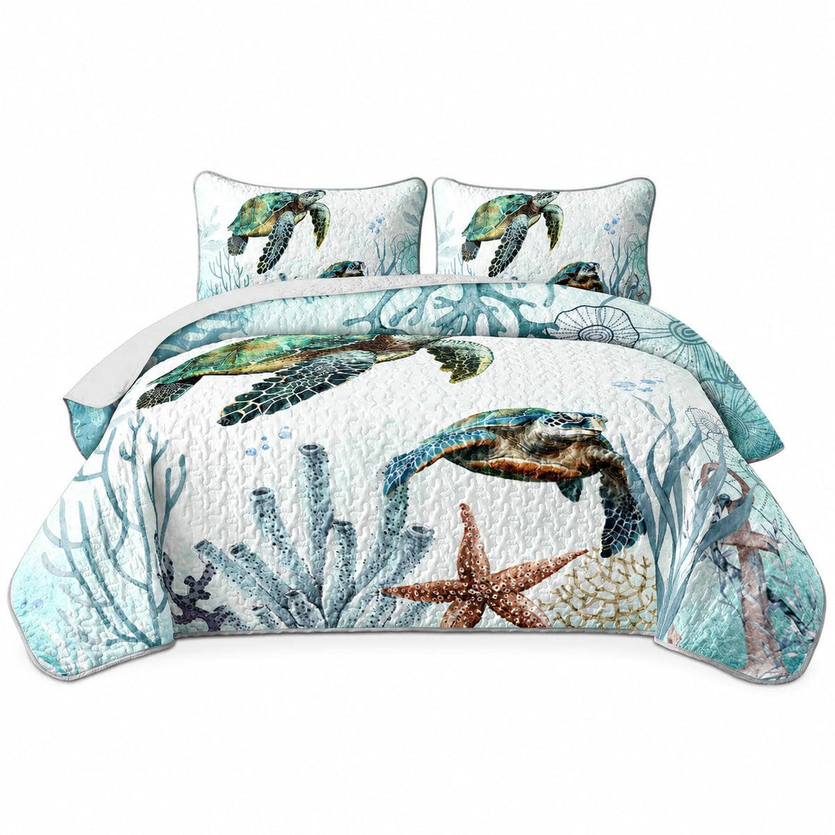 Sea Turtle Bedding Quilt Set, Teal Blue Ocean Beach Coastal Bedspread Coverlet, 3 Pieces Soft Lightweight