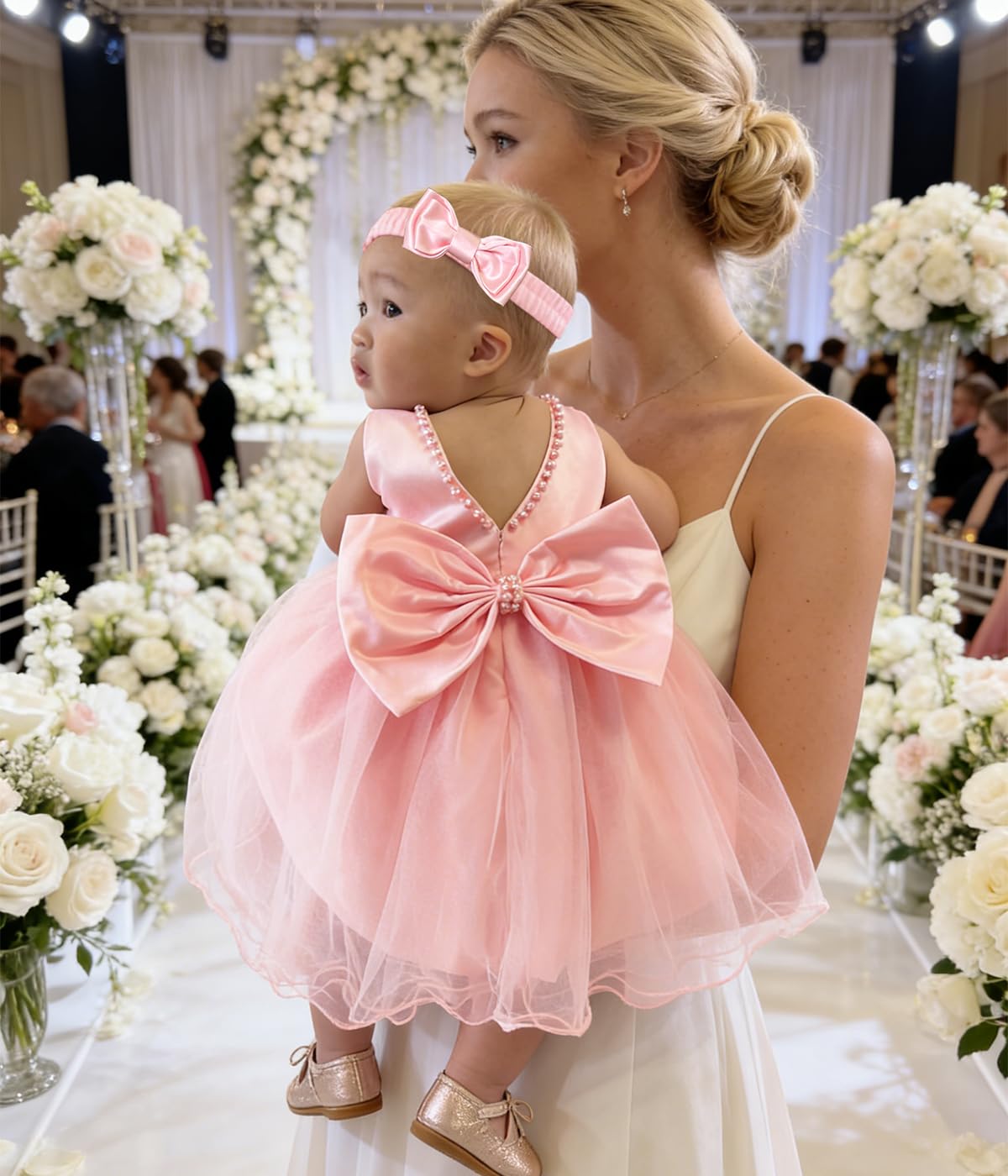 Pink Baby Girl Party Dress Bow Headband Baby Pink Newborn Dress