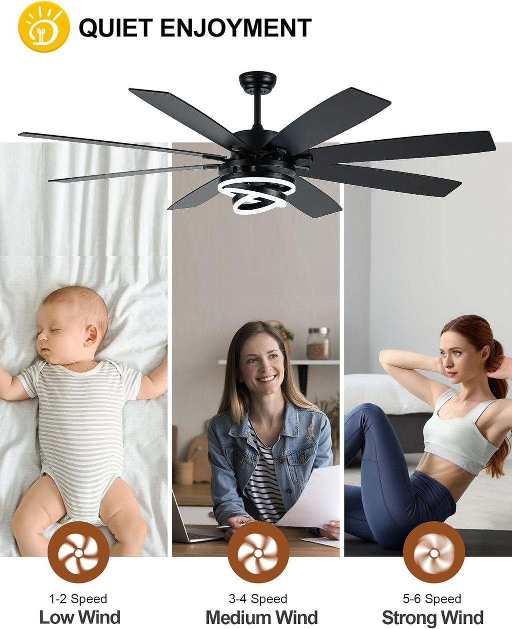 72" Black Chandelier Ceiling Fan with Light & Remote