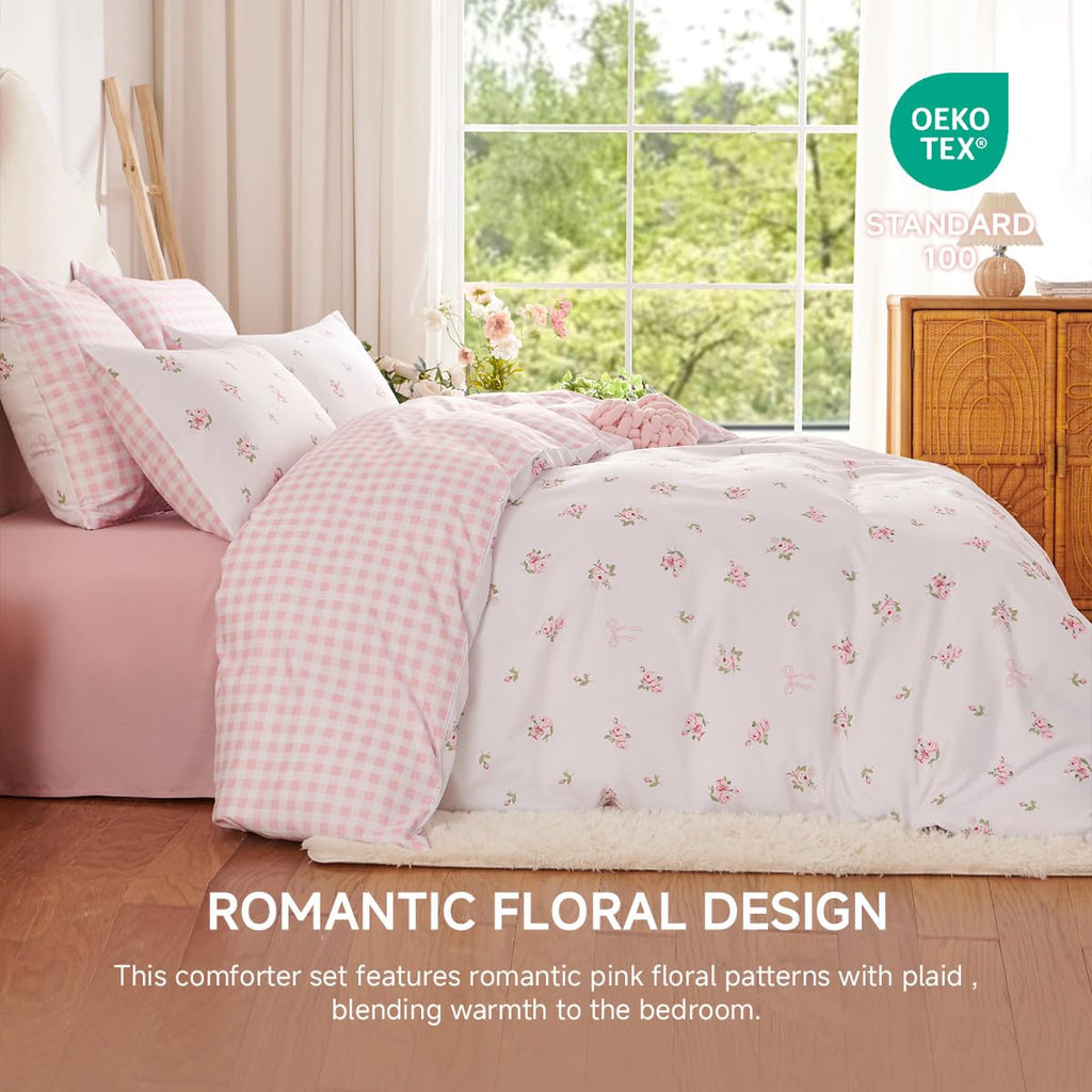 Floral Comforter Set, Pink Bedding Set with Gingham Pattern