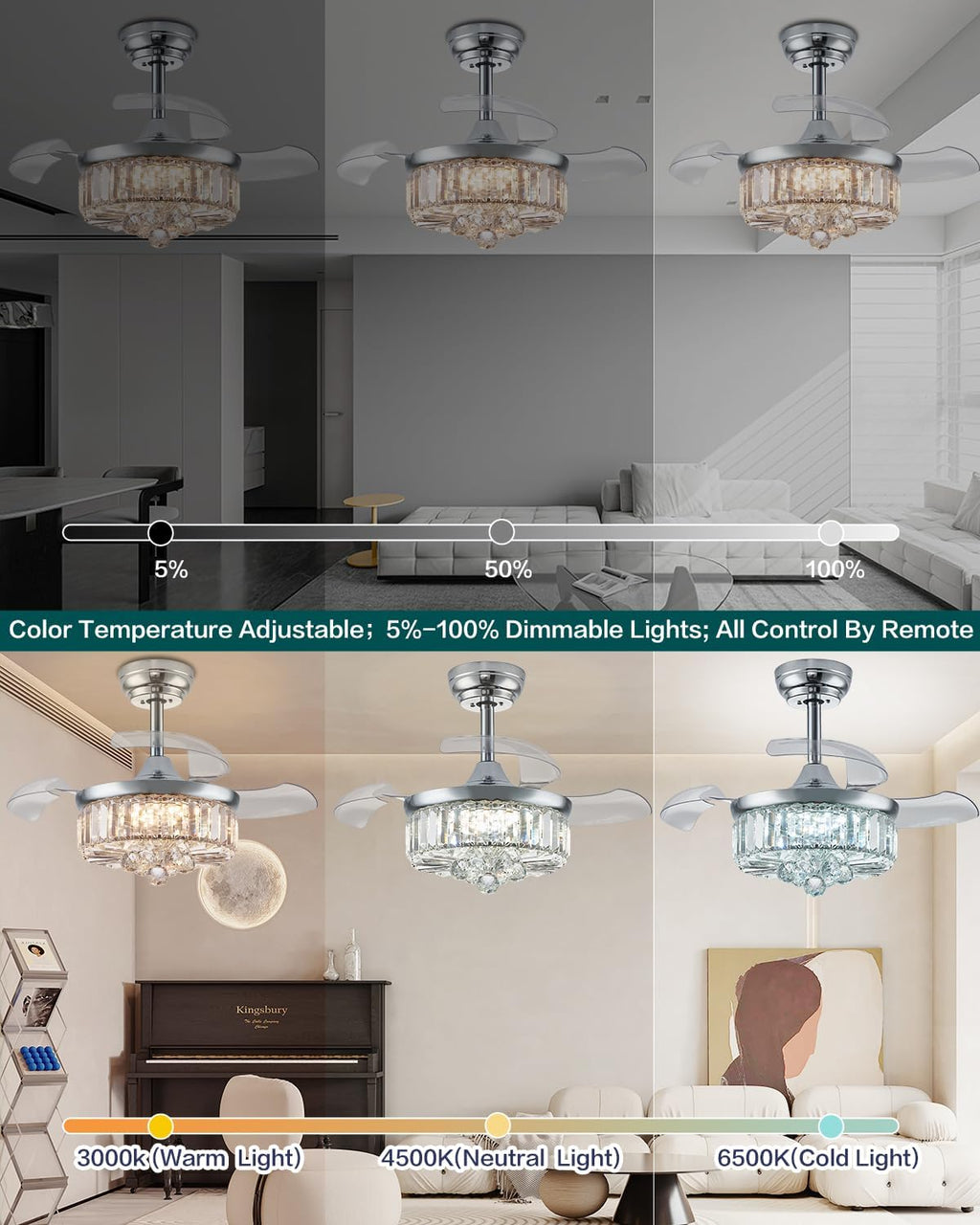 30" Chrome Crystal Ceiling Fan with Light