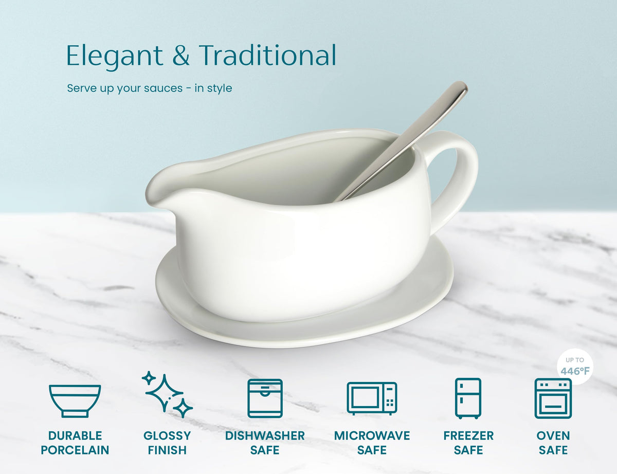 Ceramic Gravy Boat with Saucer & Spoon, 23.8 oz, White