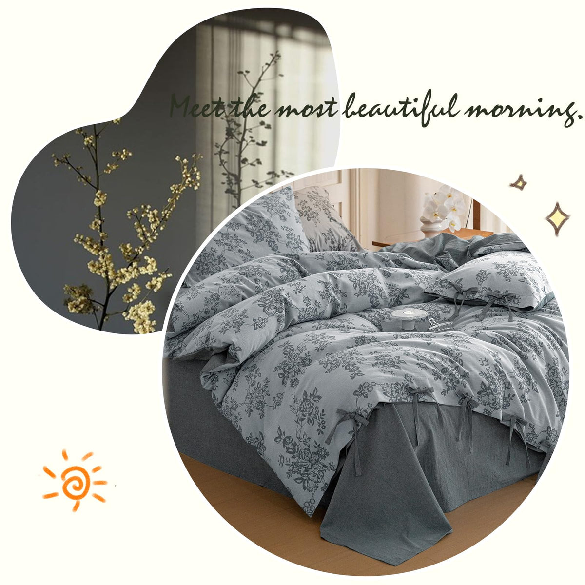 Duvet Cover Set Linen Cotton Yarn-Dyed Duvet Cover, Jacquard Garden Floral Pattern Monet Style 3Pieces