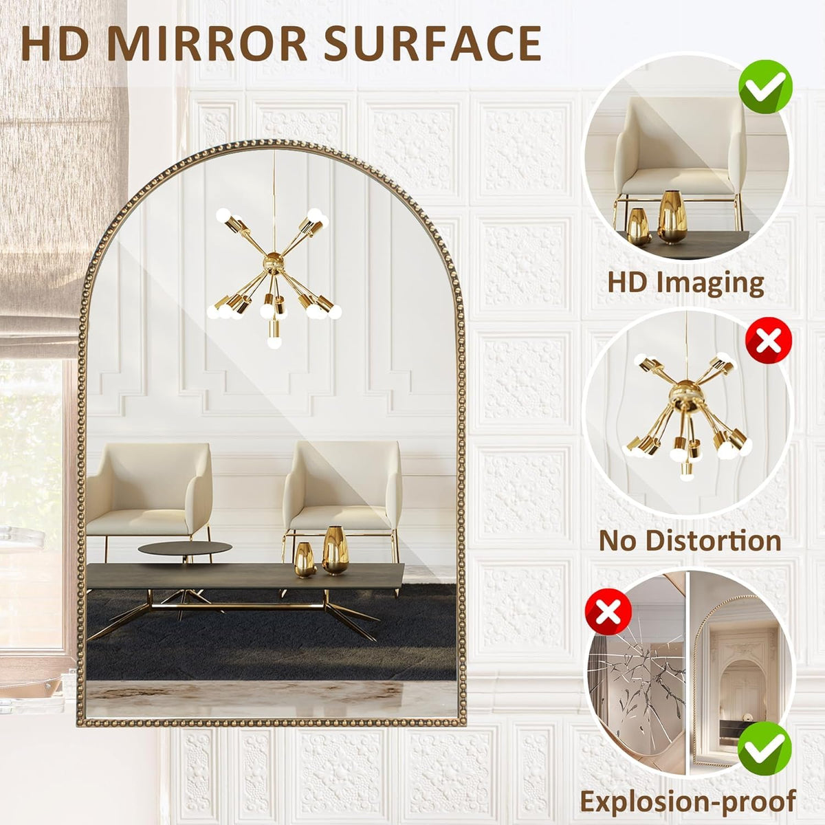 Antique Gold Arched Wall Mirror 24" x 36"