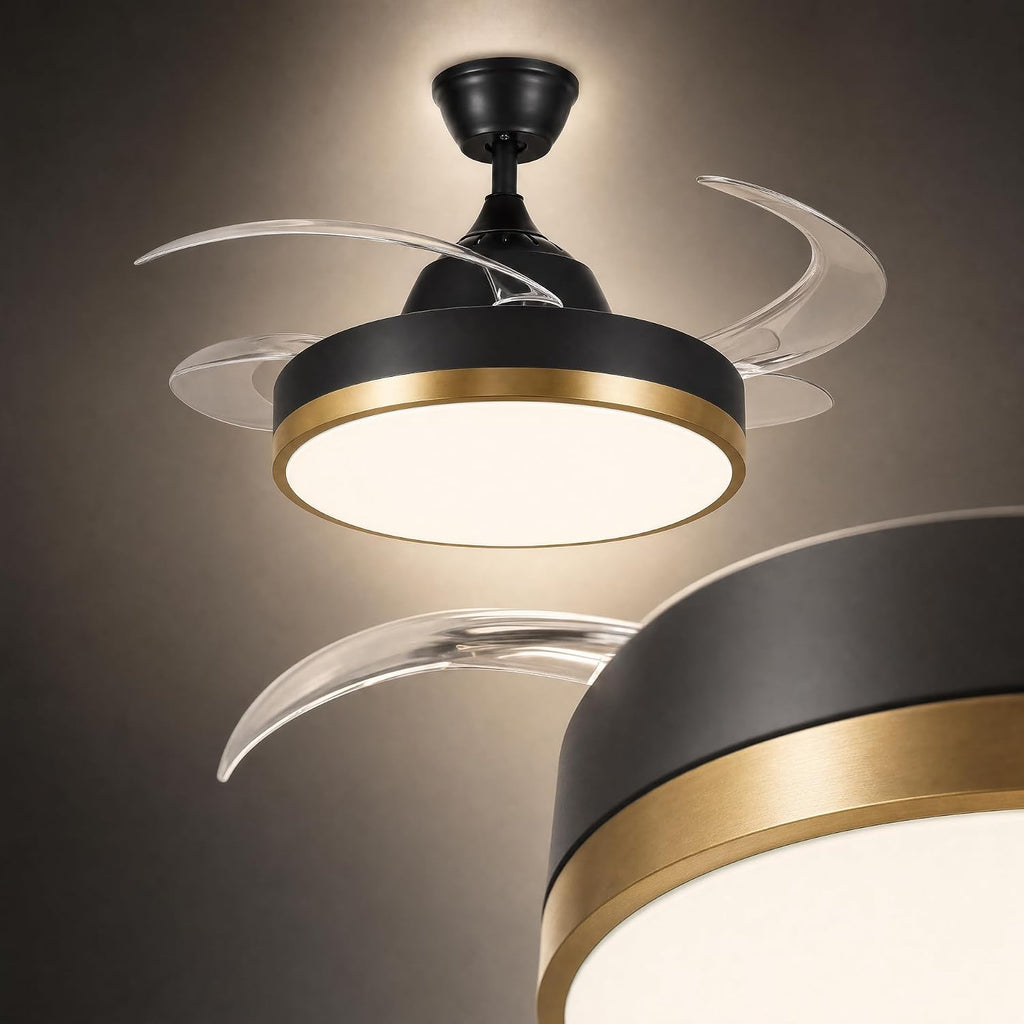 Retractable Ceiling Fan with Lights & Bluetooth, 42" Black and Gold