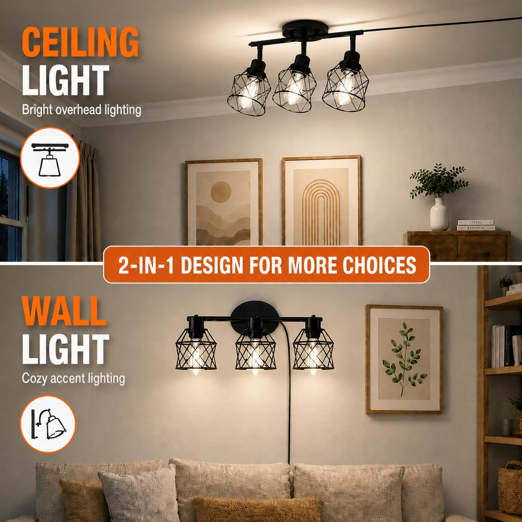 Dimmable Plug in Ceiling Light,Plug in Track Lighting,3 Light Black Industrial Farmhouse Ceiling Light with 16.5'