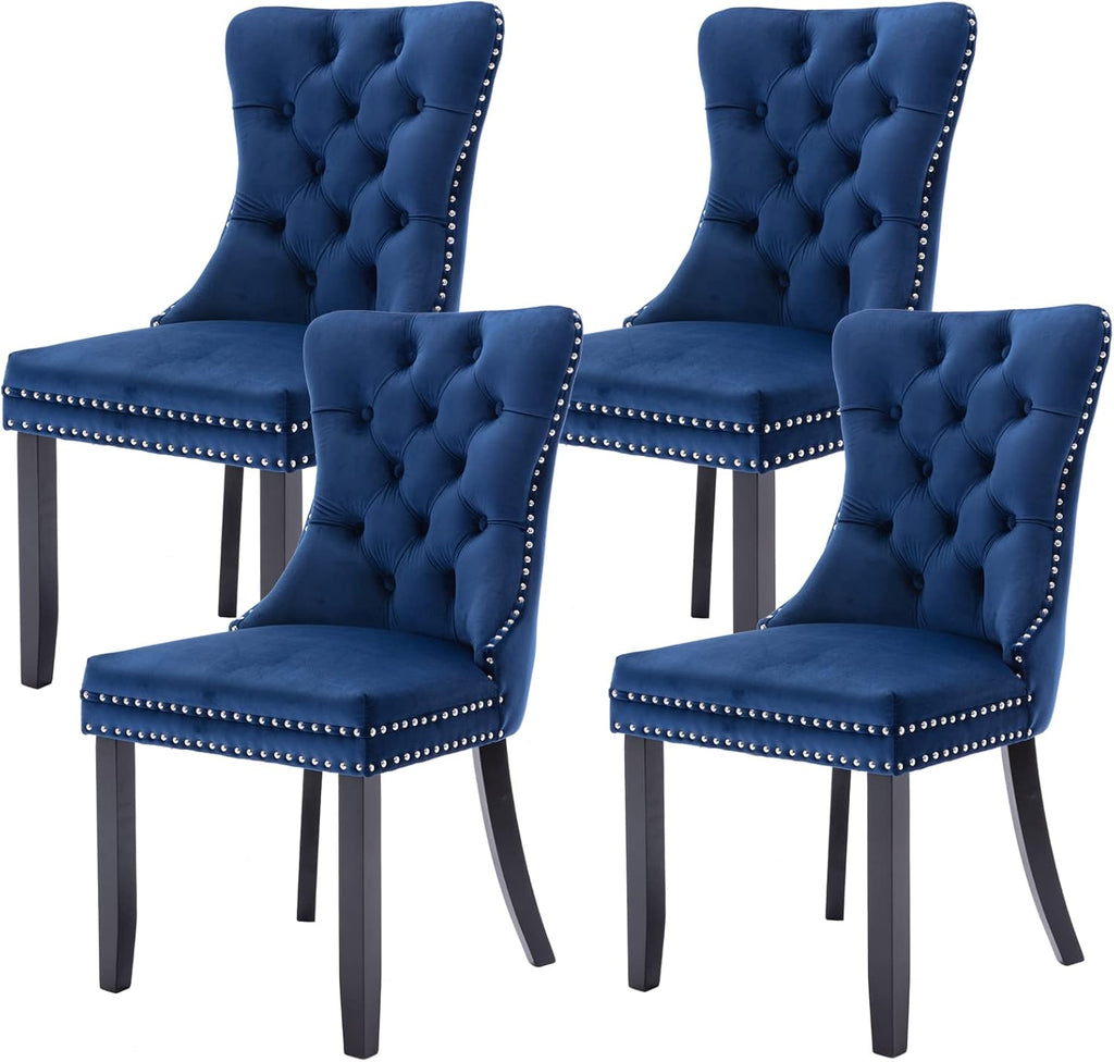 Velvet Dining Chairs Set of 4, Tufted Upholstered Chairs with Nailhead Back and Ring Pull Trim for Kitchen, Bedroom or Dining Room, Blue