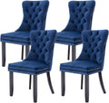 Velvet Dining Chairs Set of 4, Tufted Upholstered Chairs with Nailhead Back and Ring Pull Trim for Kitchen, Bedroom or Dining Room, Blue