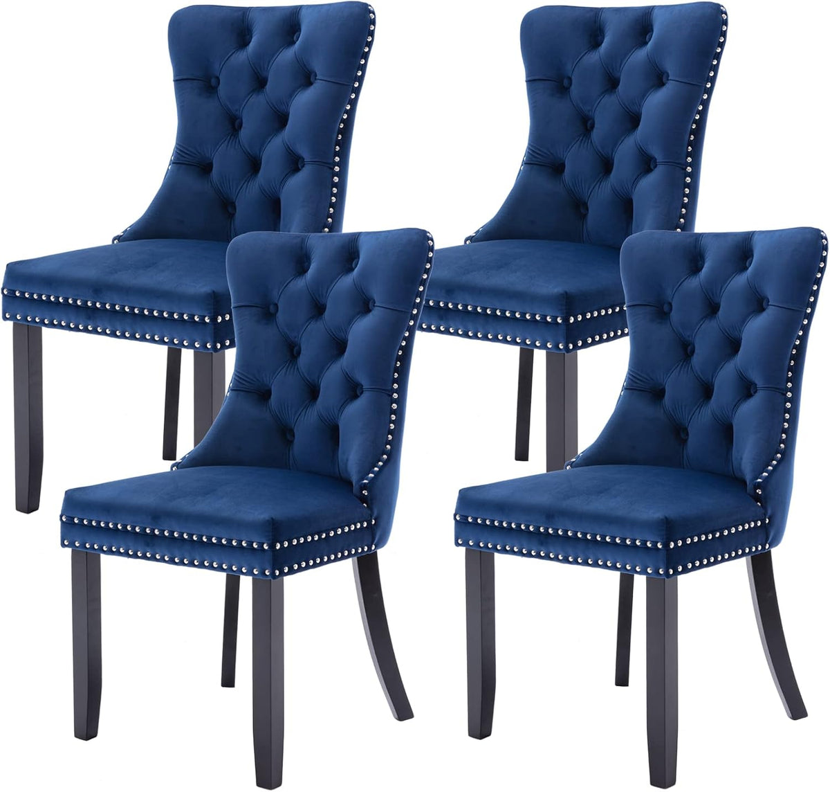 Velvet Dining Chairs Set of 4, Tufted Upholstered Chairs with Nailhead Back and Ring Pull Trim for Kitchen, Bedroom or Dining Room, Blue