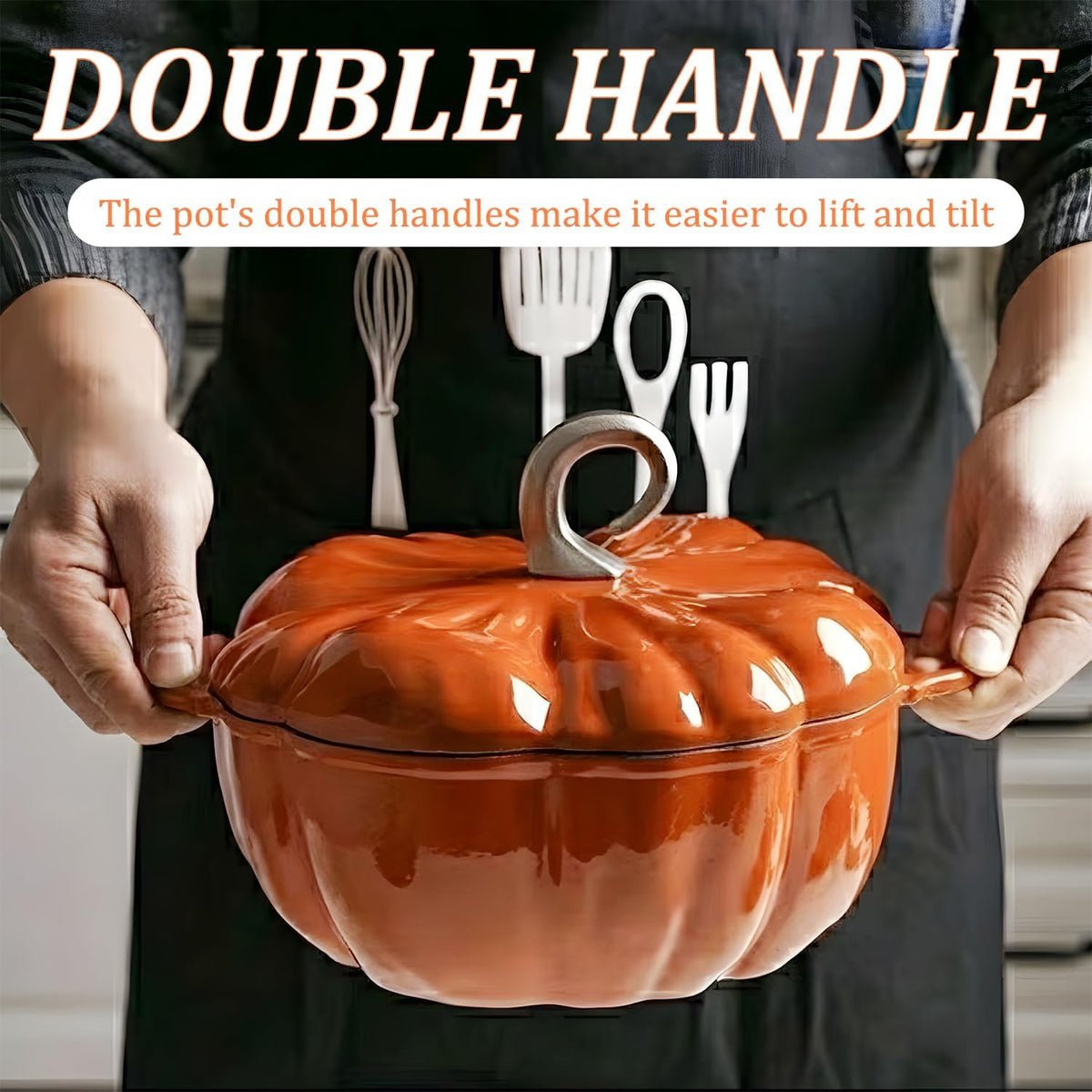 Pumpkin Cast Iron Dutch Oven, 4qt Enamel Cast Iron Cooking Pot with Lid
