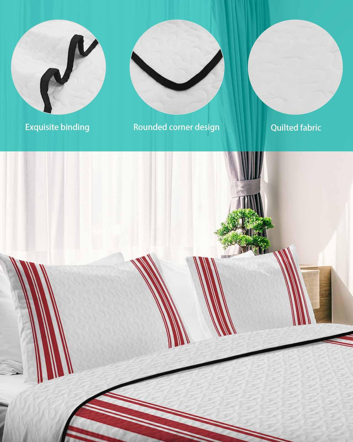 Quilt Sets Twin XL Size Red Ticking Vertically Stripe Comforter Set Lightweight Soft Bedspread Coverlet Simple Style