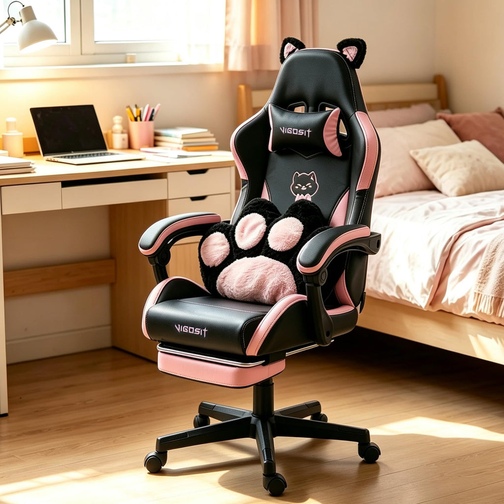 Black & Pink Gaming Chair with Footrest and Lumbar Pillow for Adults