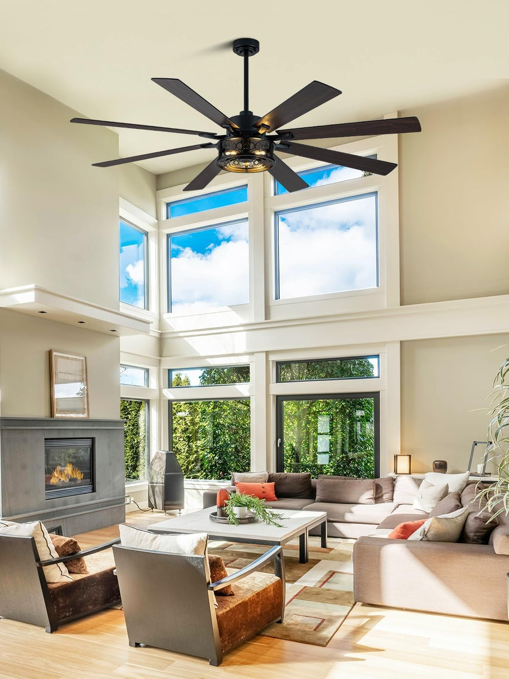72" Black Caged Chandelier Ceiling Fan with Light & Remote