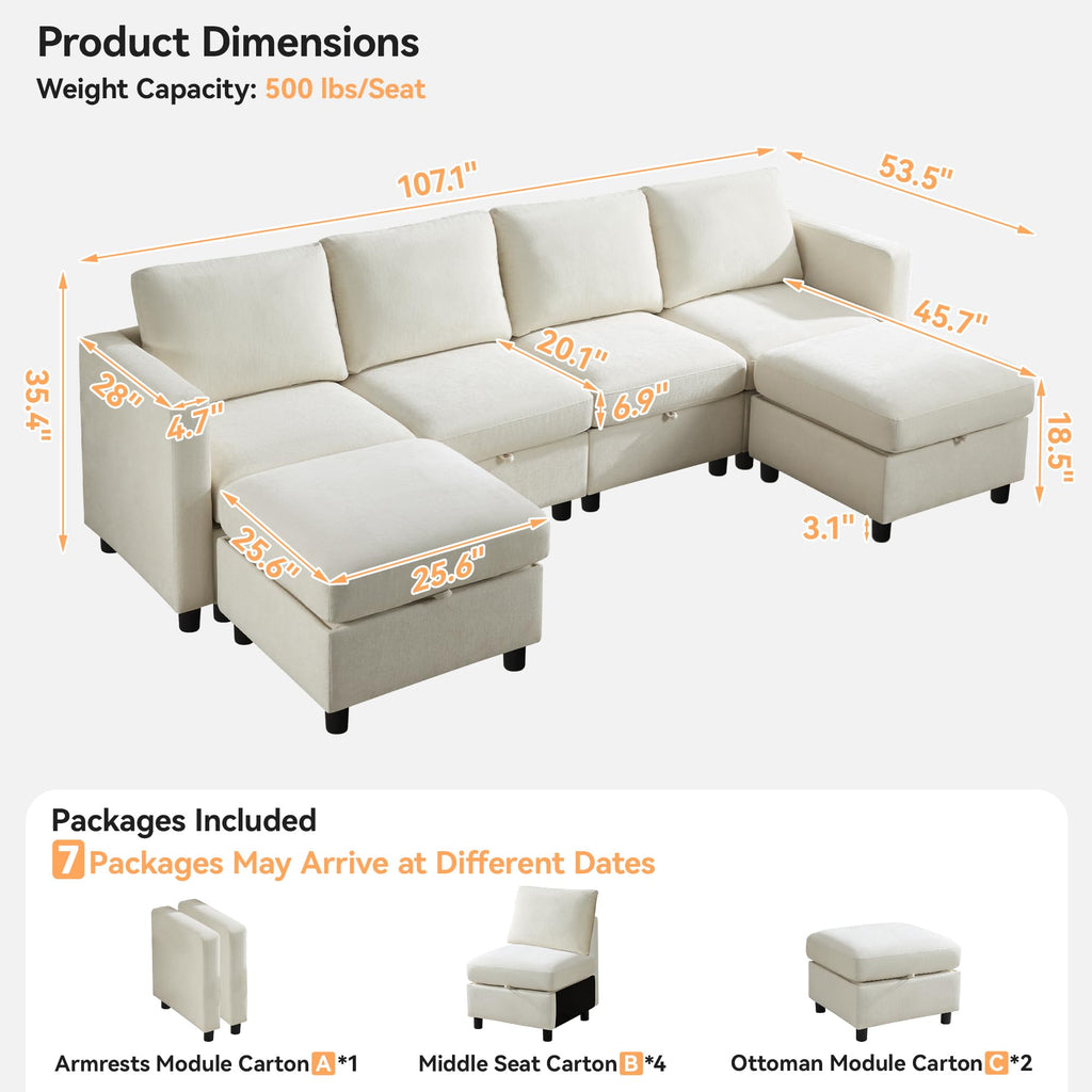 107"Modular Sectional Sofa Convertible U Shaped Sofa Couch Set with Storage, Modern 6 Seater Modular Sectional Couch