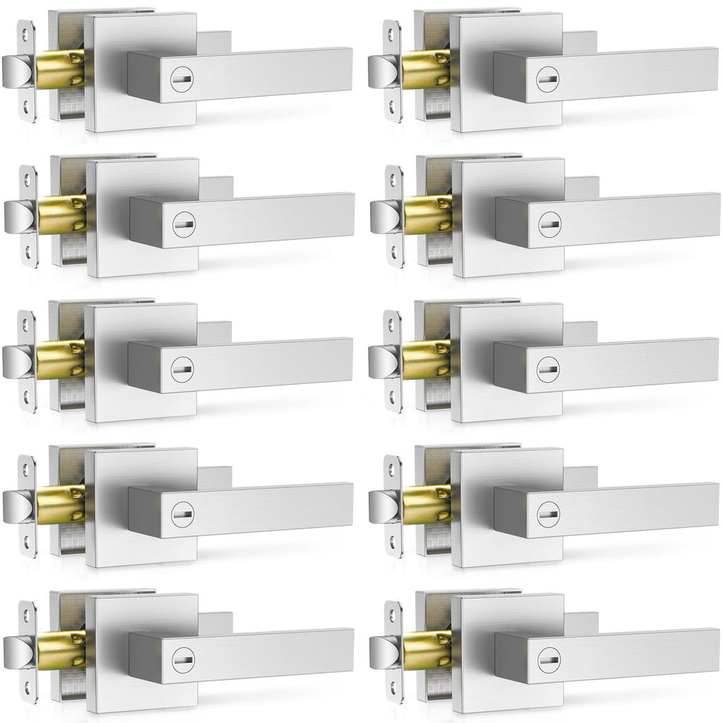 10 Pack Brushed Nickel Door Handle, Door Knobs Interior Heavy Duty, Flat Square Privacy Door Levers, Keyless Door