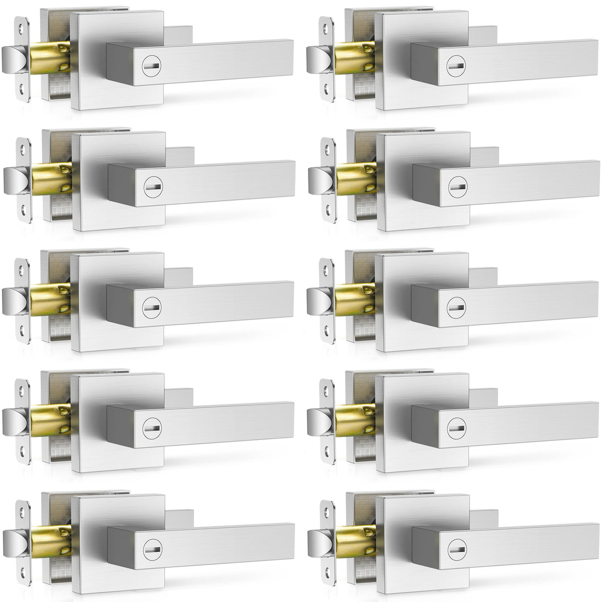 10 Pack Brushed Nickel Door Handle, Door Knobs Interior Heavy Duty, Flat Square Privacy Door Levers, Keyless Door