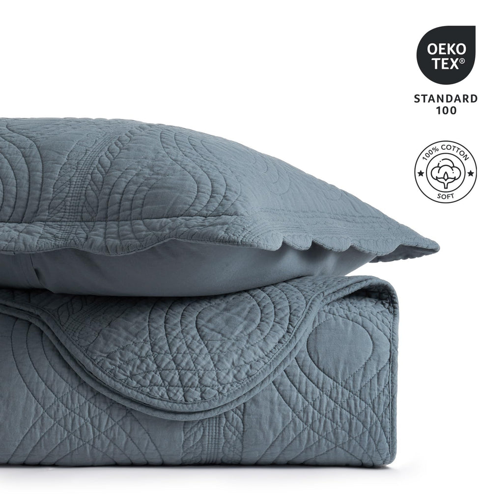 100% Cotton Scallop Quilt Set, Stormy Blue