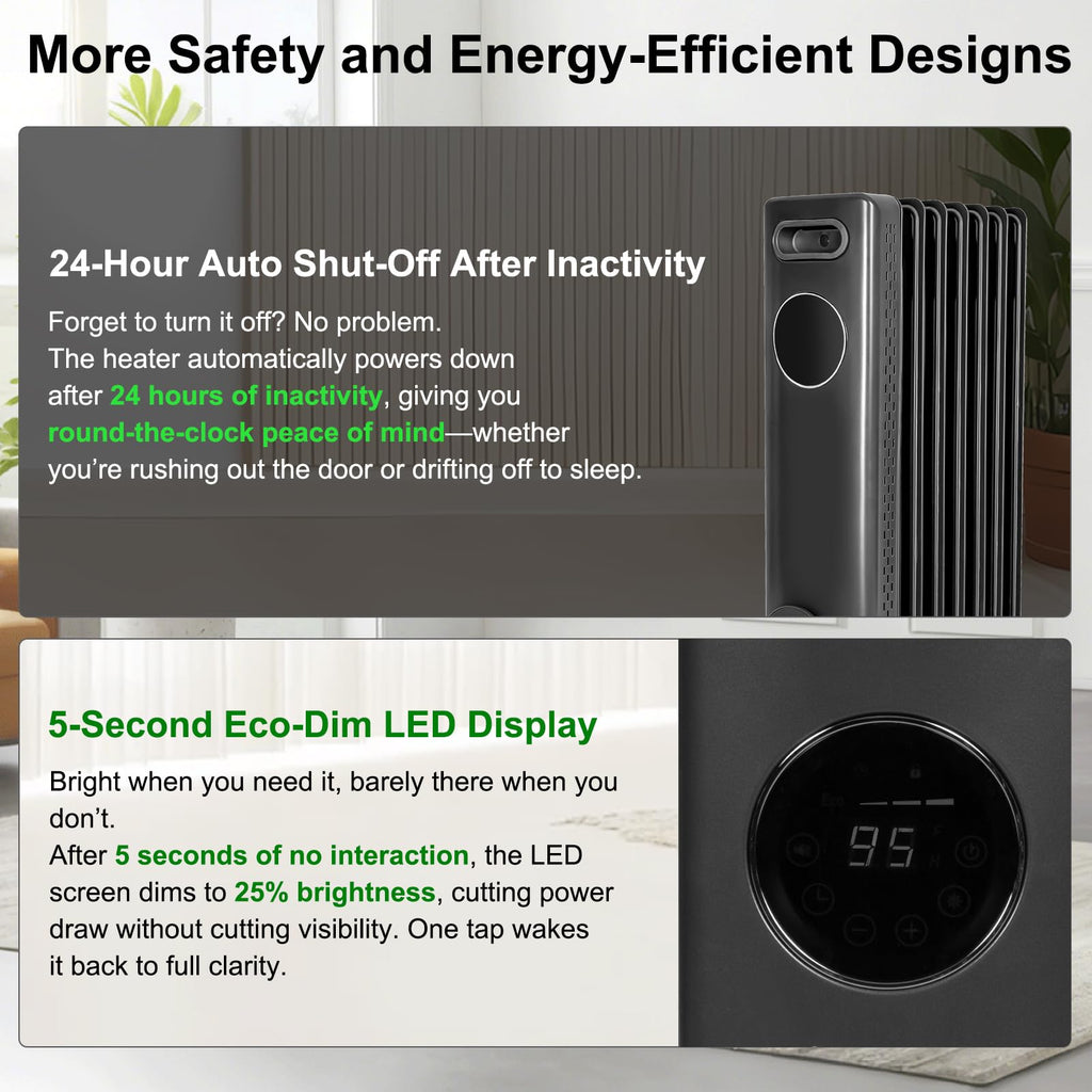 1500W Oil Filled Radiator with 24H ON OFF Timer, Electric heater with Remote, Adjustable Thermostat, 4 Modes, Child
