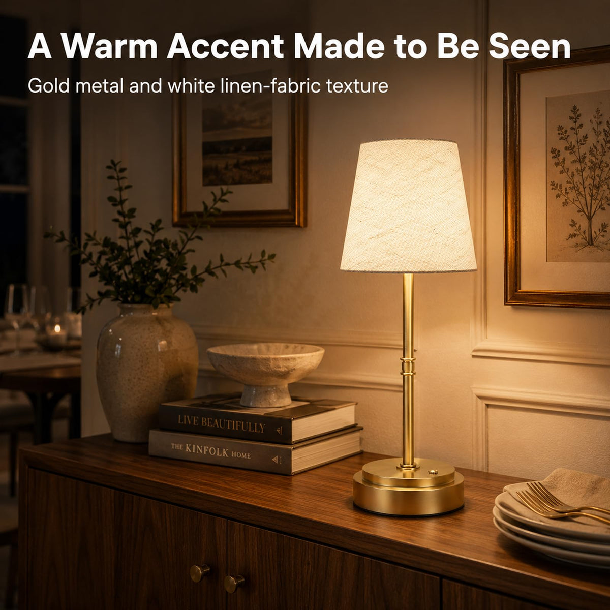 Rechargeable Cordless Table Lamp, Nightstand to End Table,Gold,1 Pack