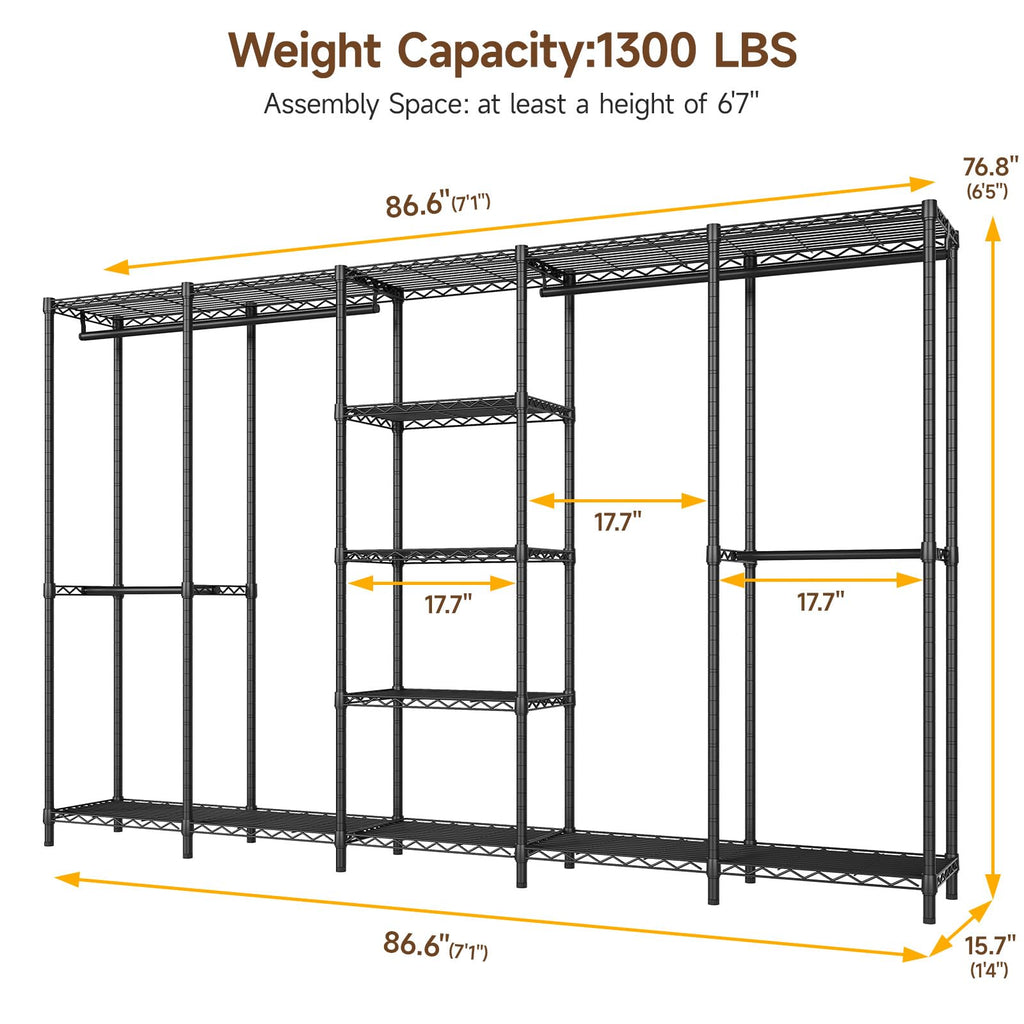 F5 Extra Large Industrial Pipe Clothing Rack, Freestanding Portable Closet Organizer System with Shelves & Hanging