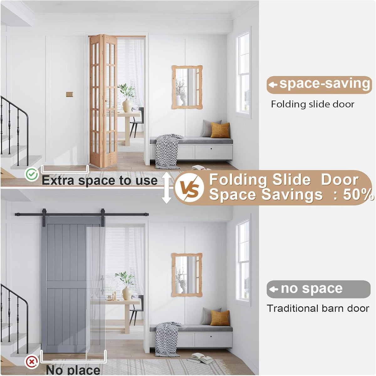 Bifold Closet Door,for 32in x 80in (Double 16x80) Opening,French Glass Barn Doors with 2.66FT Concealed Bi-Fold