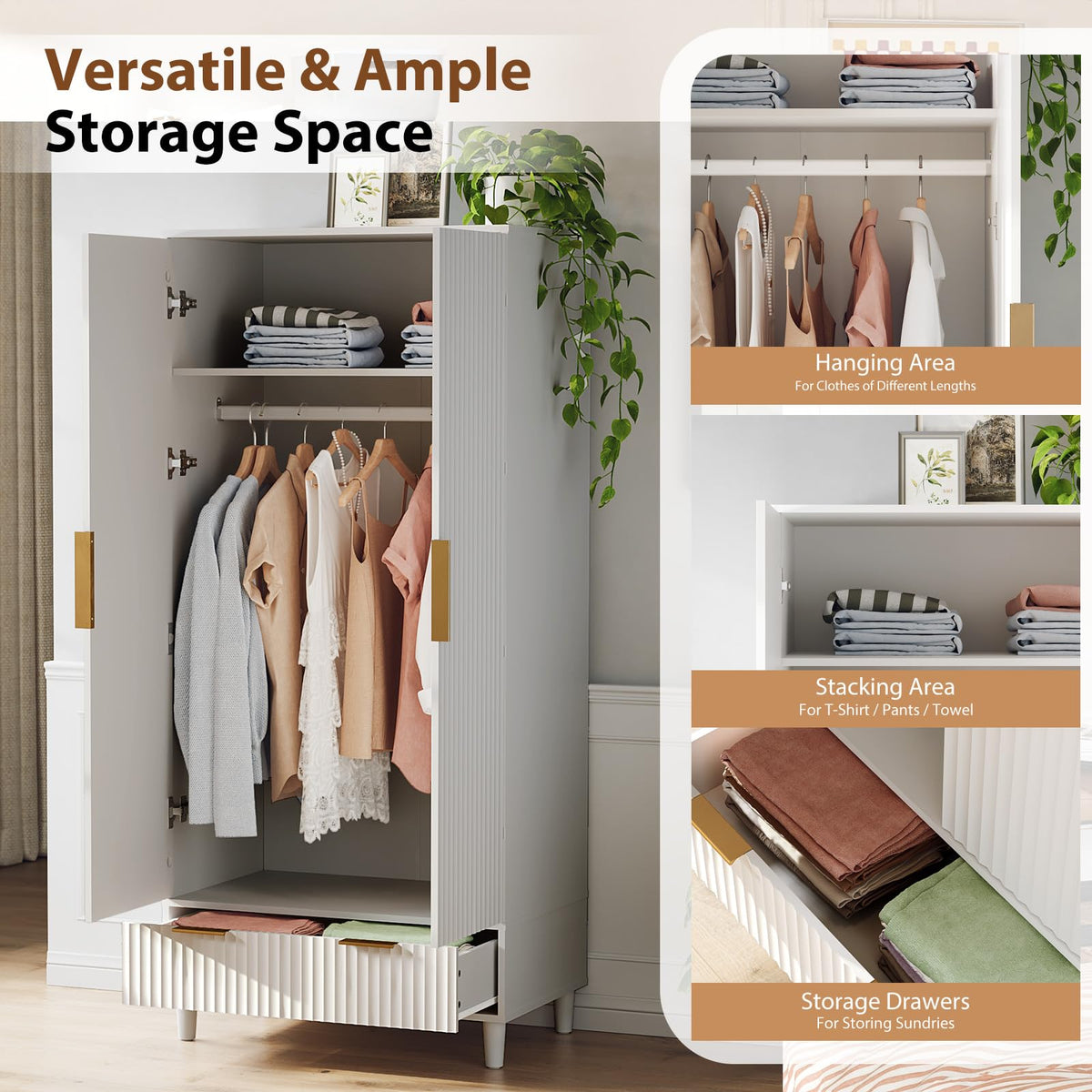 Fluted Wardrobe Closet Armoire with Doors And Drawers, White Wardrobe Cabinet with Hanging Rack, Bedroom Closet Wood