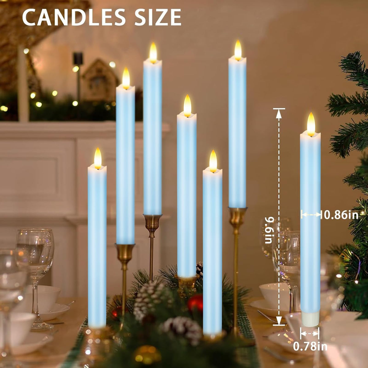 Upgraded Real Wax LED Flameless Light Blue Taper Candles with Remote, 6 PCS Candlesticks Battery Operated 3D