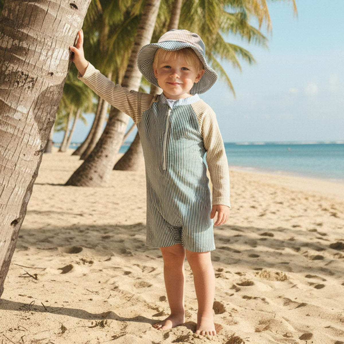 Toddler Baby Boys Seersucker Long Sleeve One Piece Rash Guard Swimsuit Zipper Bathing Suit Swimwear with Hat