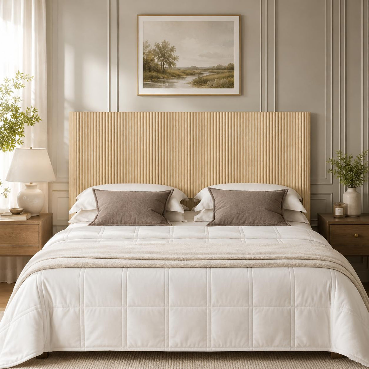 Oak Wood Headboard Only, Farmhouse Fluted Head Board, Bohemian Style Bed Frame Headboards, Arched