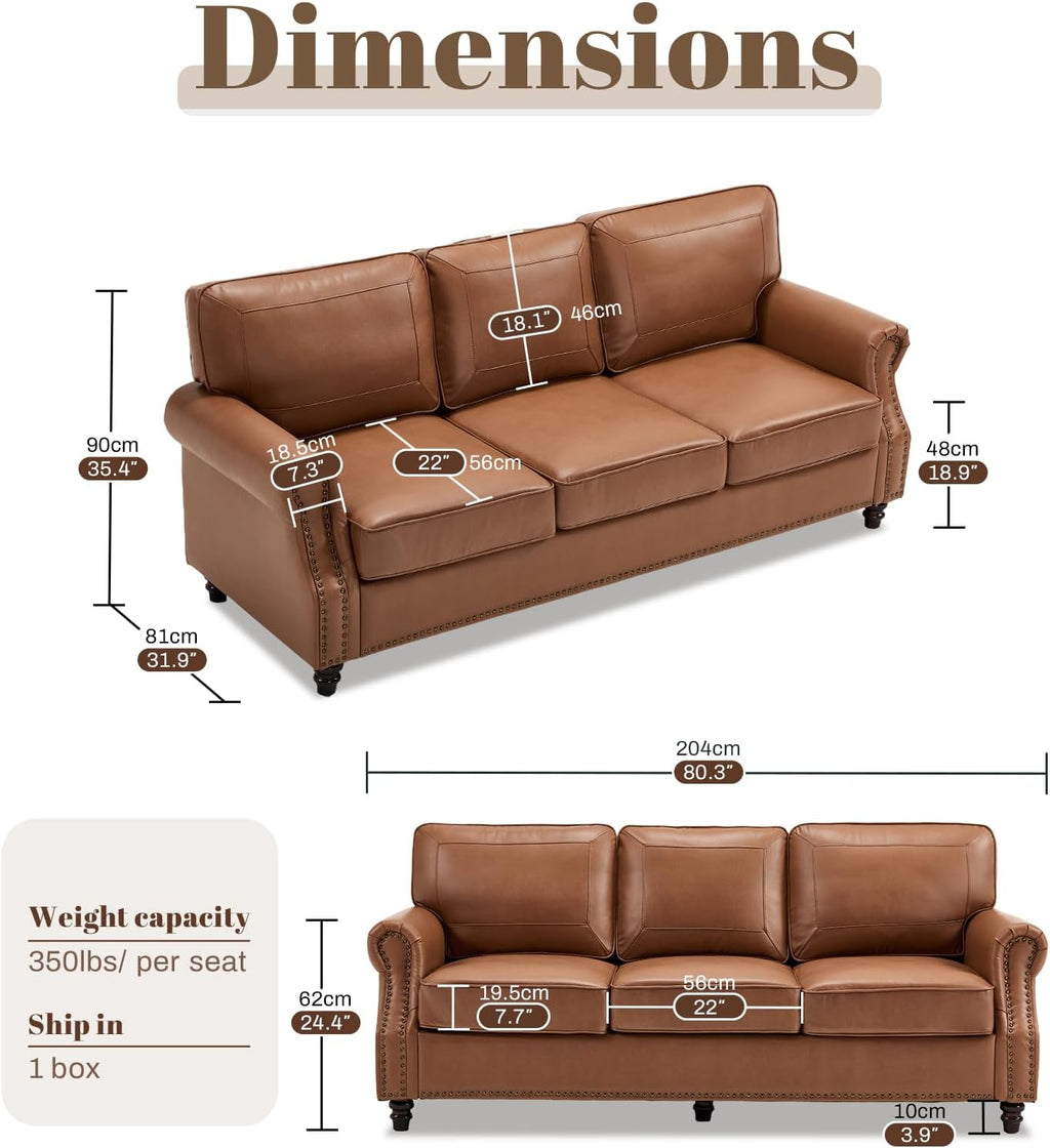 Kingfun Mid-Century Modern Couch, Faux Leather Sofa, 3 Seater Couch for Living Room with Rolled arms & Nailhead Trim