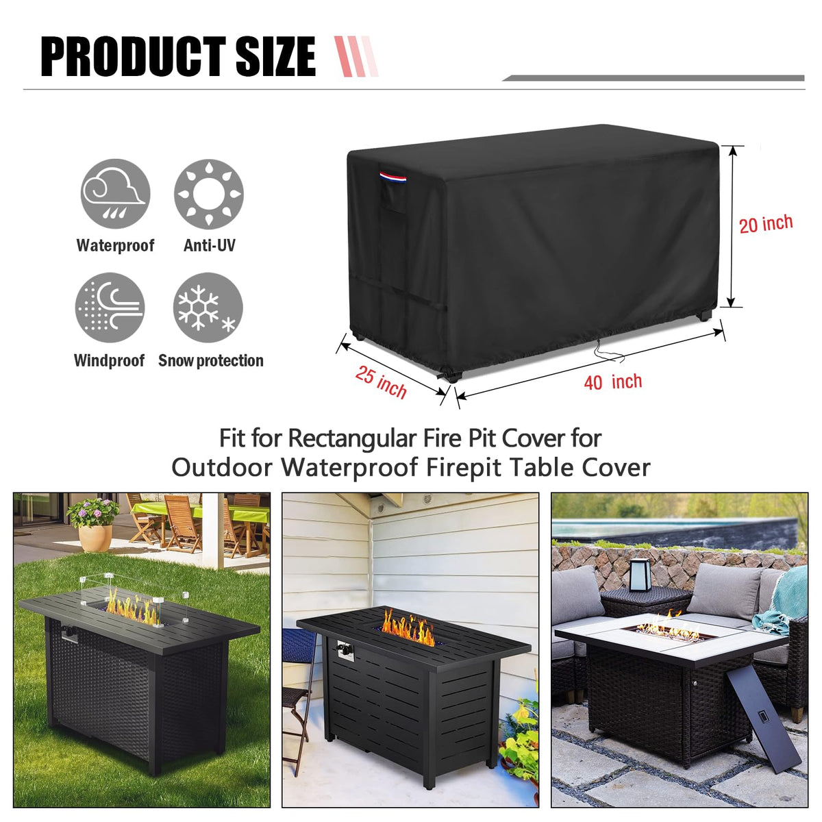 Fire Pit Cover Rectangular Waterproof 600D, 40 x 25 x 20 Inch Black
