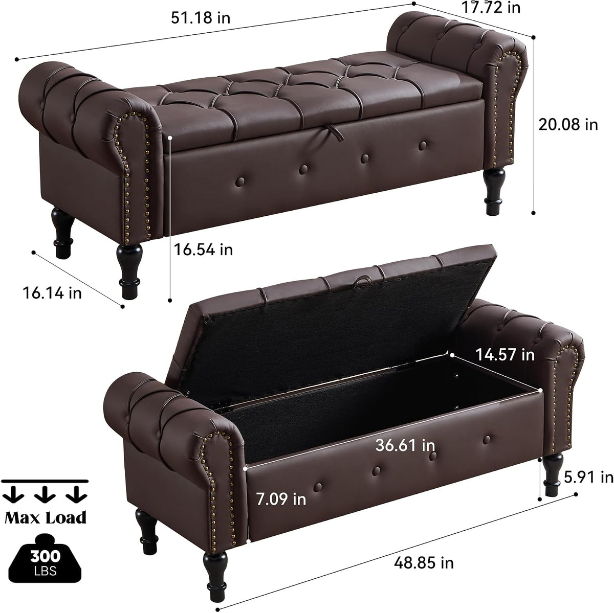 Storage Bench 51" Faux Leather End of Bed Benches Dark Brown | Queen Size Storage Bench with Rolled Arms Tufted