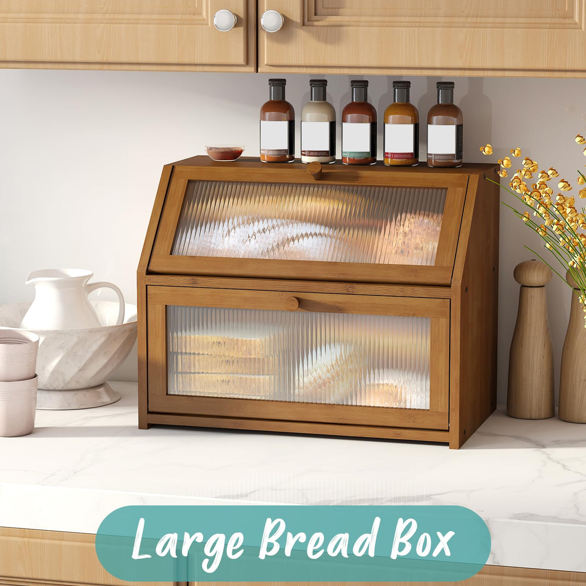 Counter, Large Bamboo Wood Double Layer, Wooden Bread Storage Capacity