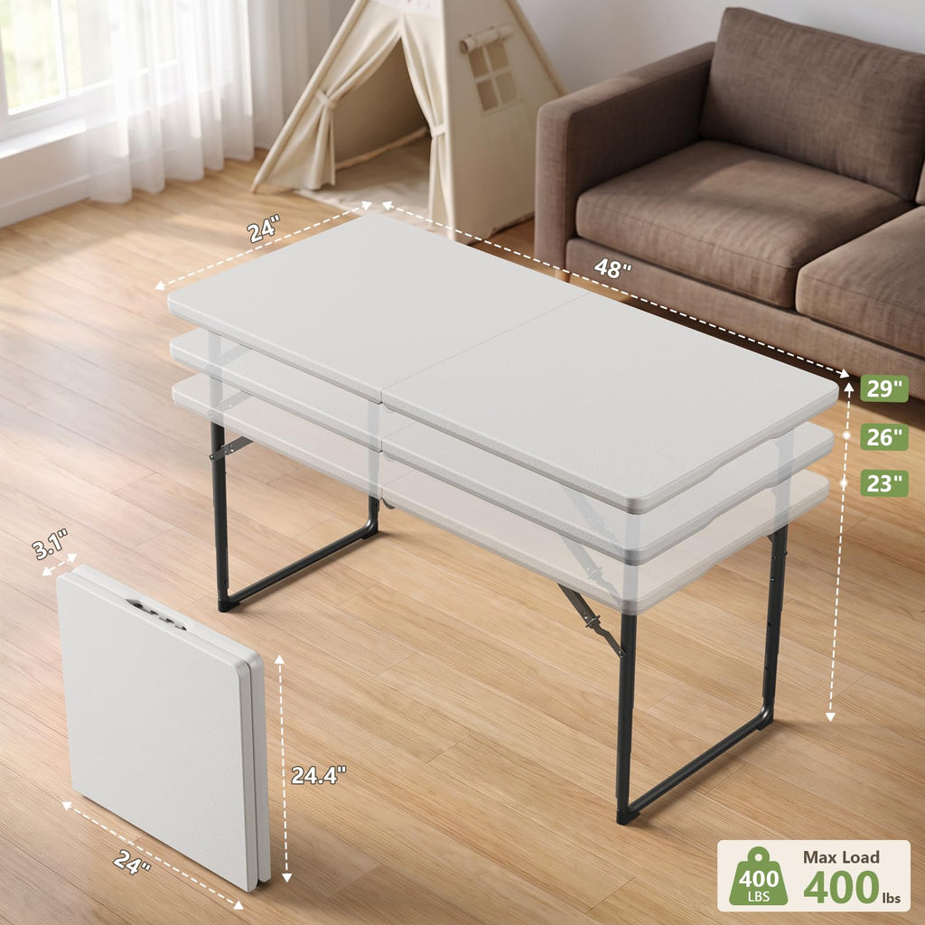 4FT Folding Table 4 Pack, Adjustable Height Heavy Duty Plastic Folding Tables with Carry Handles, Fold-in-Half Portable