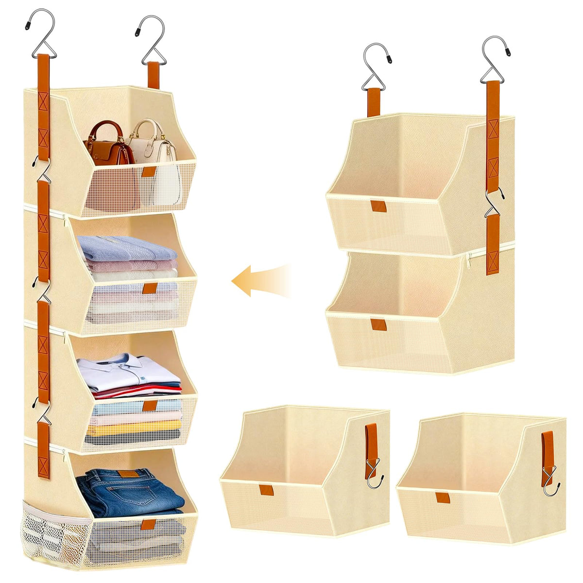 Fabric Hanging Closet Clothes Organizers and Storage Detachable 4 Tier
