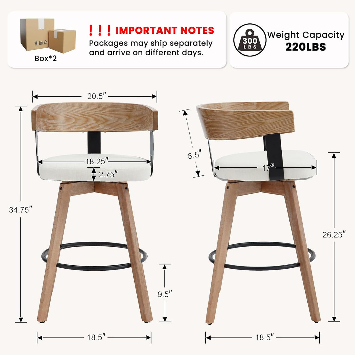 Swivel Bar Stools Set of 4-26" Counter Height Bar Stool with Footrest - Modern Wood Barstools with Linen Upholstered