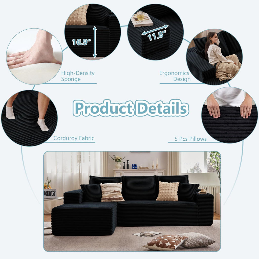 107" W Cloud Sectional Couch with L-Shape Chaise, Modern Corduroy Boneless Couch, Memory Foam Sofa with Deep Seat, No