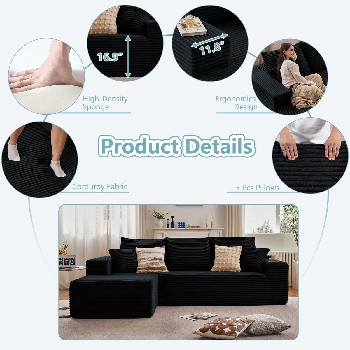 107" W Cloud Sectional Couch with L-Shape Chaise, Modern Corduroy Boneless Couch, Memory Foam Sofa with Deep Seat, No