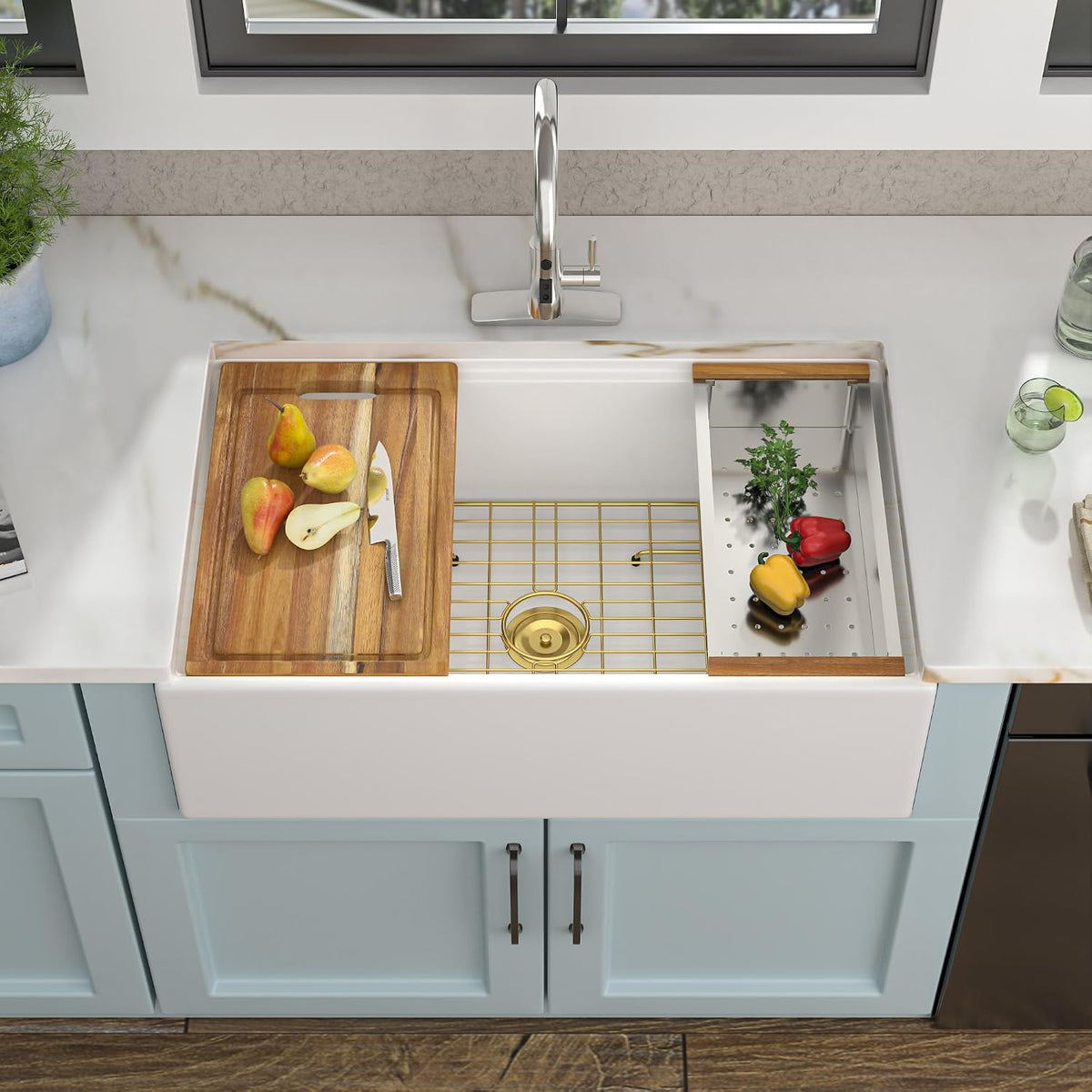 30 White Farm Sink Workstation - 30 Inch Farmhouse Kitchen Sink Workstation with Slide Ledge Apron Front Reversible
