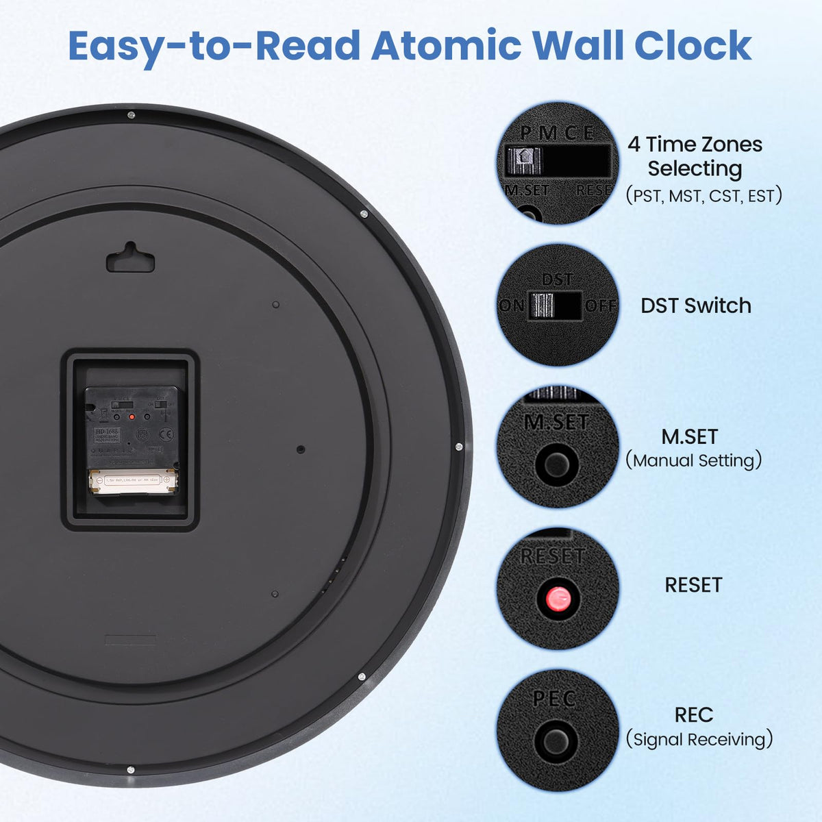 Inspired Nelson Style 16 Inch Atomic Wall Clock Self-Setting Analog Clock with DST