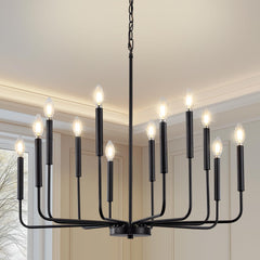 Modern Black Chandelier, Metal 12-Light Kitchen Light Fixtures, Farmhouse Candle Hanging Pendant Light Entryway Foyer