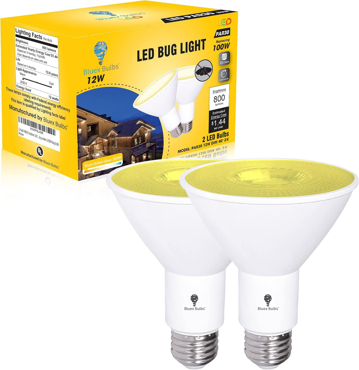 2 Pack PAR30 Amber Yellow LED Bug Light Bulb Outdoor LED Flood Light Bulb 12W 100 Watt Equivalent Dimmable Waterproof