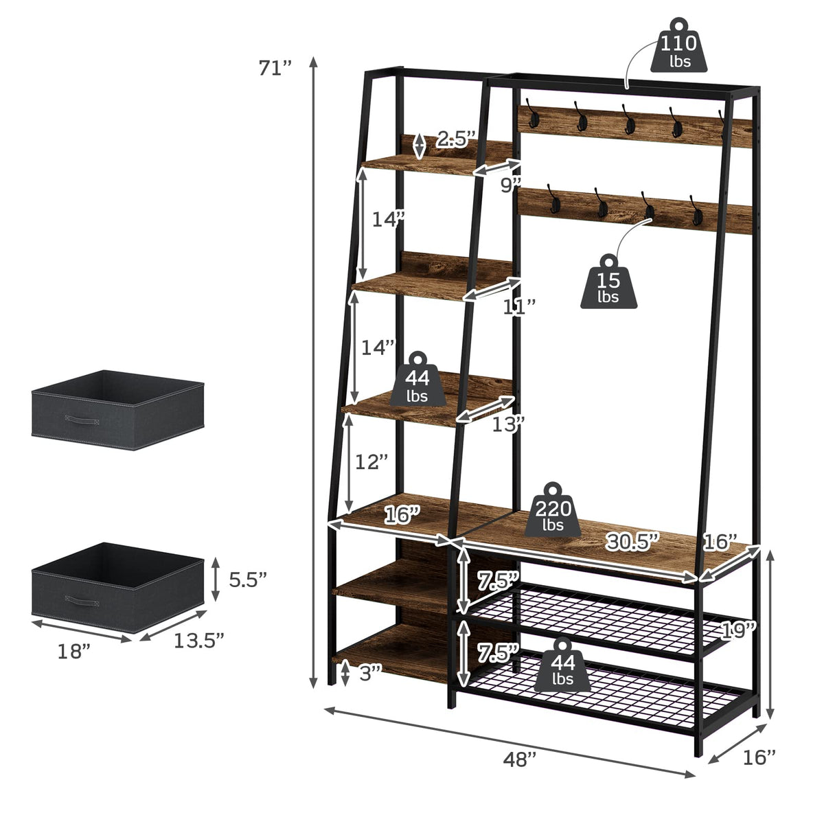 Hall Tree with Bench and Shoe Storage, Industrial Entryway Bench with Coat Rack, 2 Fabric Dressers, 6 Side Shelves, 9
