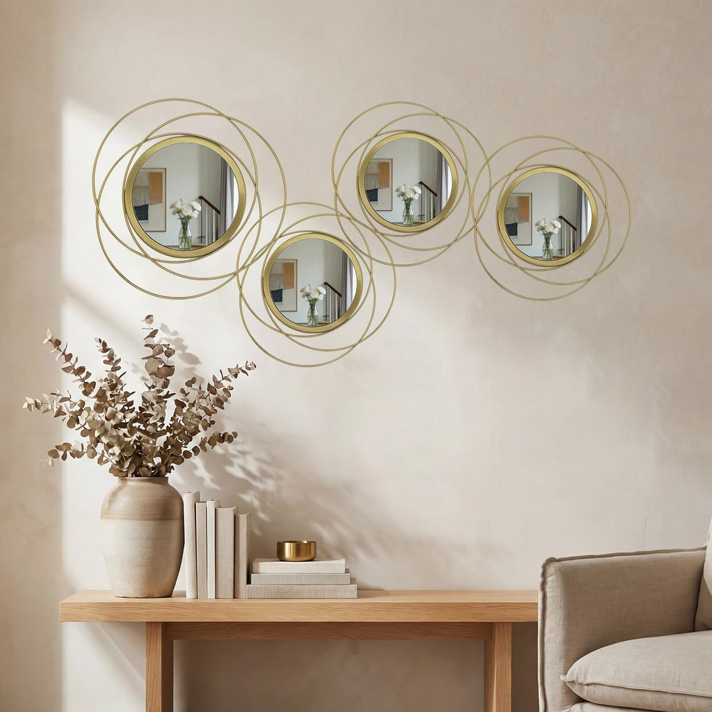 4 Piece Gold Round Wall Mirror Set Modern Metal Circles Decor
