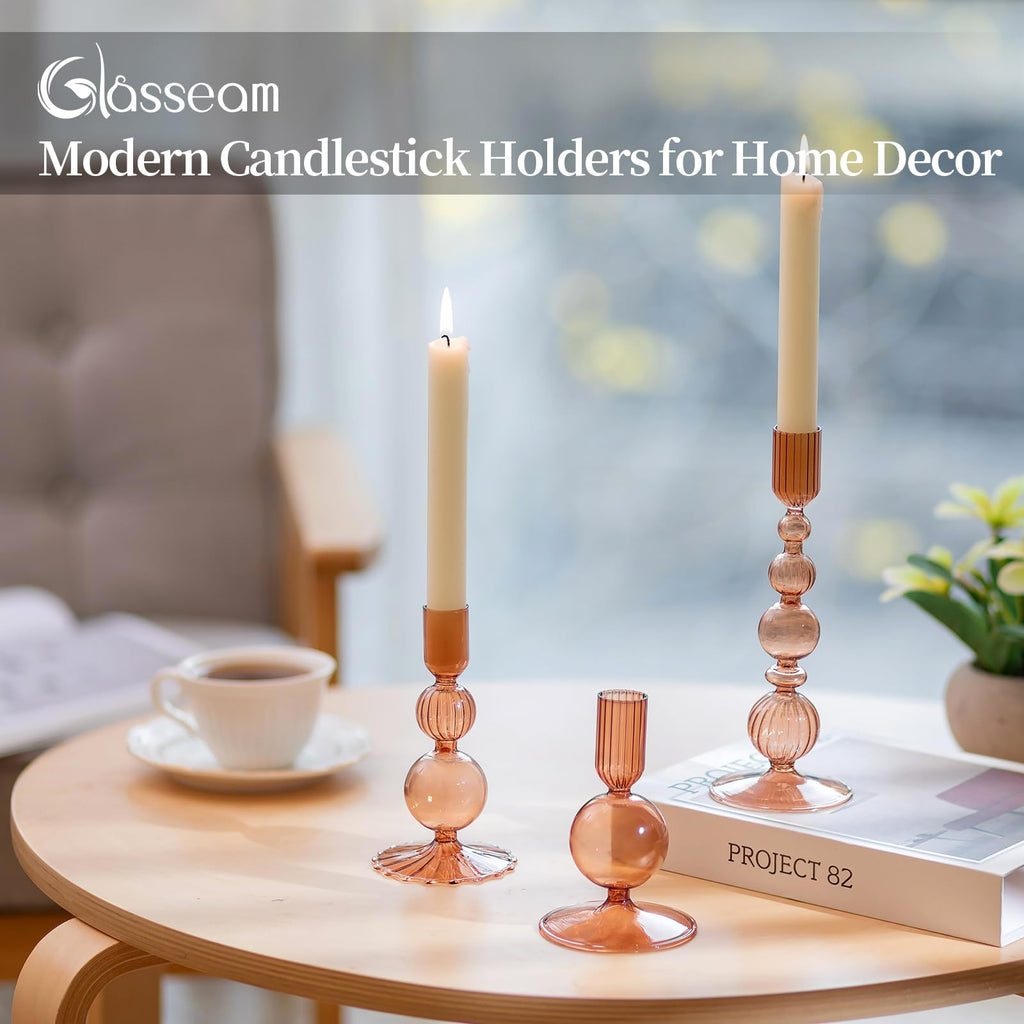 Glass Candlestick Holders, 3 Pcs Amber Unique Taper for Fall Decor