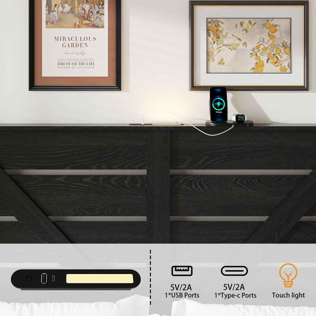 Farmhouse Wood Bed Frame 51" Tall Headboard Black