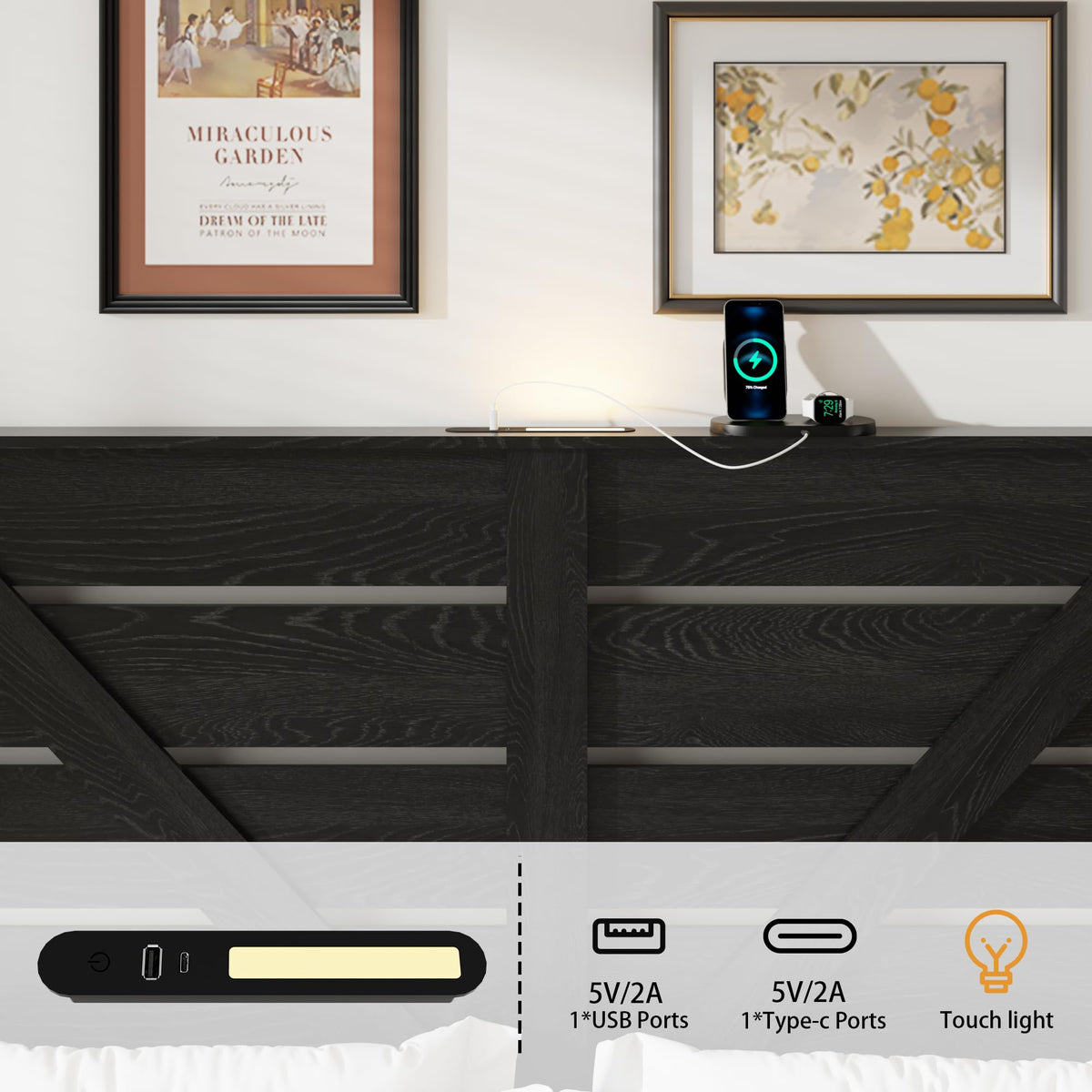 Farmhouse Wood Bed Frame 51" Tall Headboard Black