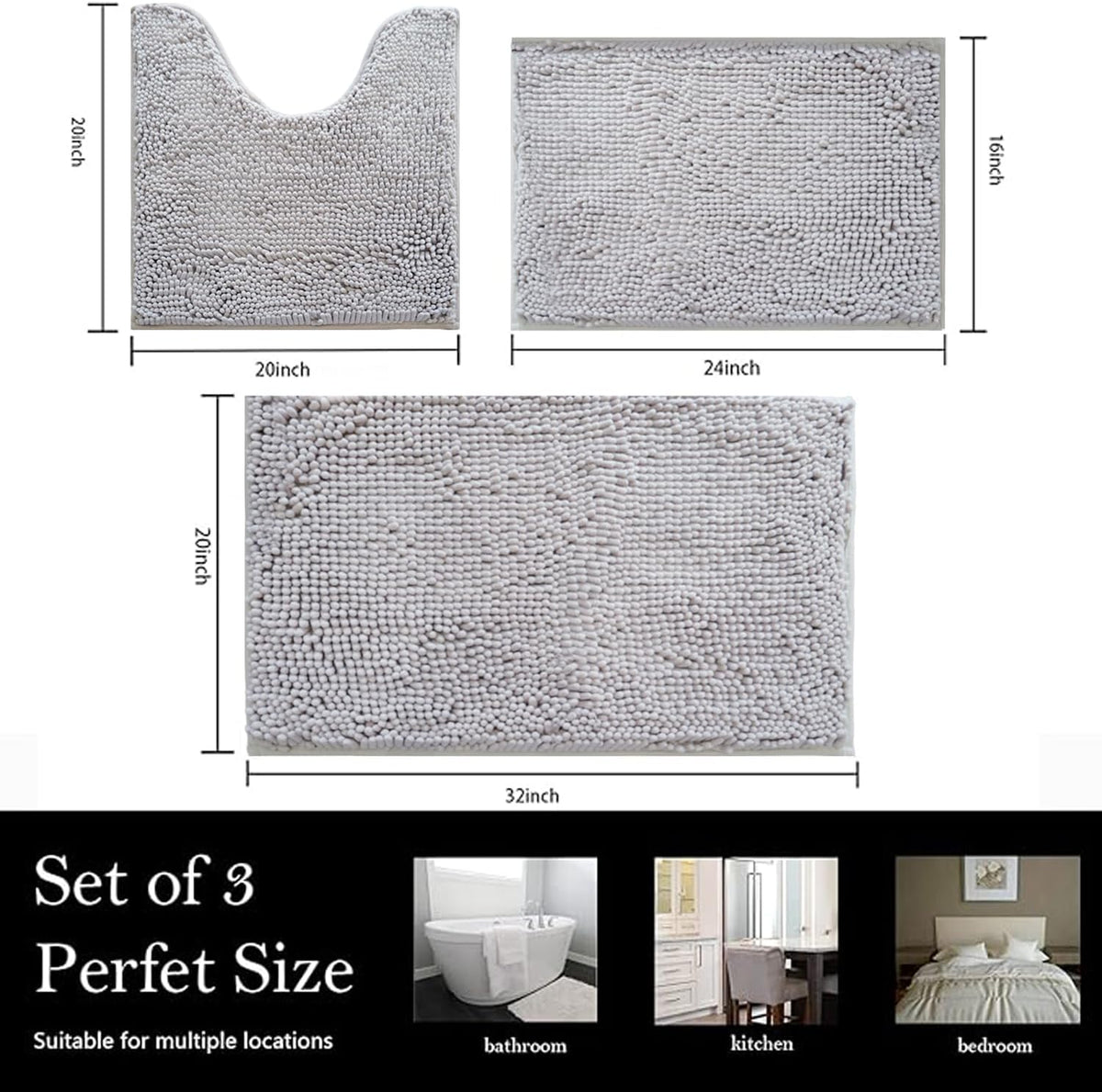 Bathroom Rugs Chenille Bath mat 3 Piece Set, Super Absorbent, Strong PVC Non Slip Backing, Bath mats , Plush Shaggy