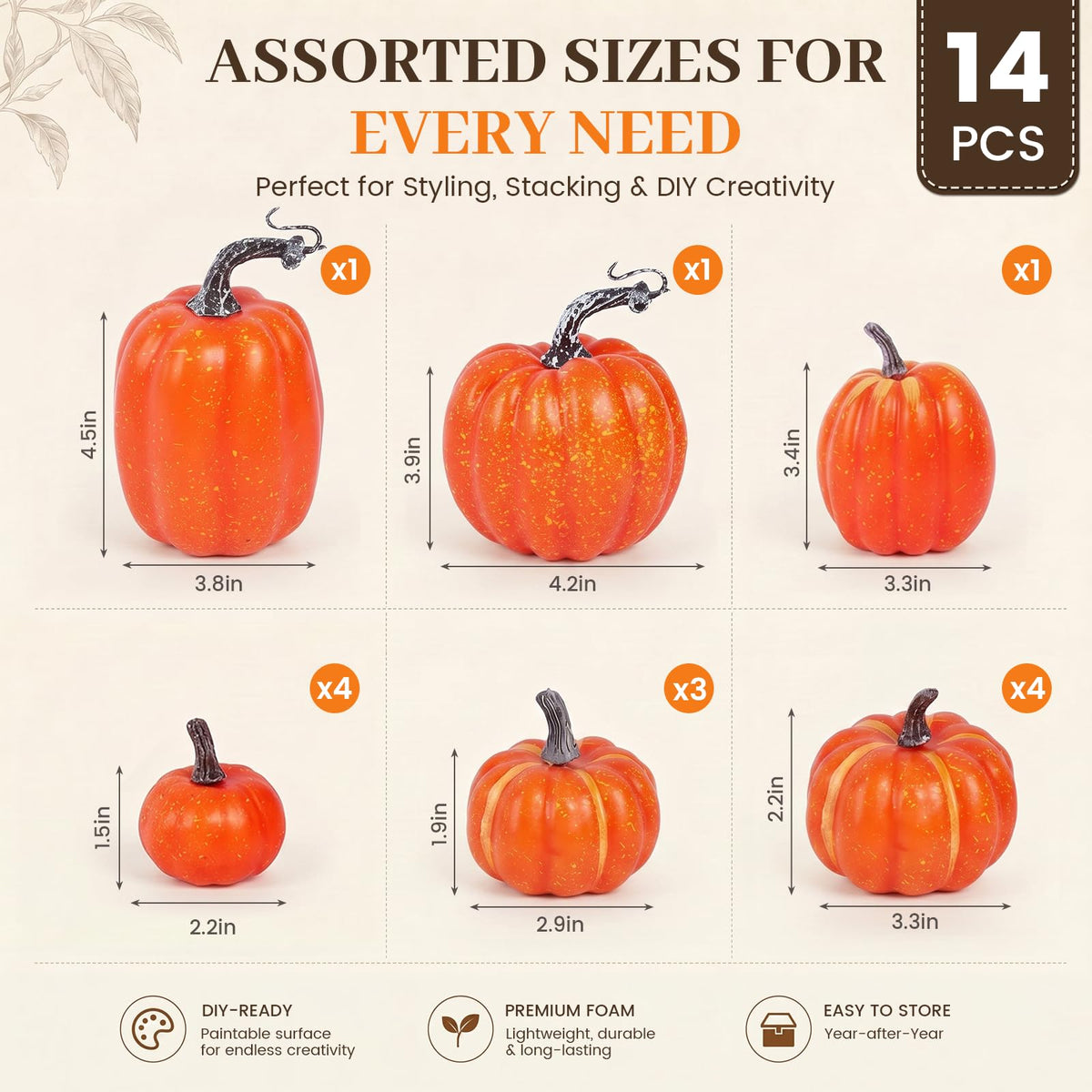 14 PCS Pumpkin Decor, Artificial Foam Fake Orange Pumpkins